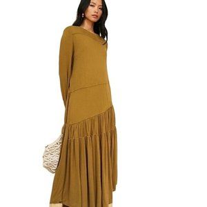 Free People Beach Tan Jilly Drop Waist Long Sleeve Asymmetric Hem Midi Dress XS